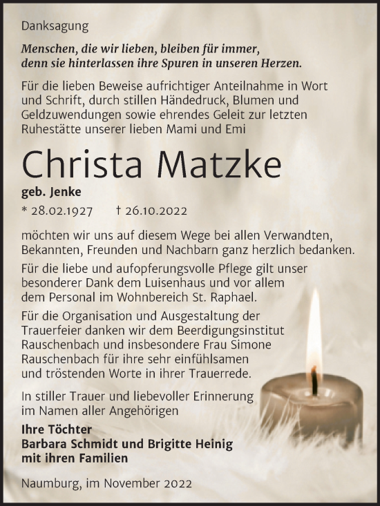 Traueranzeige von Christa Matzke von Wochenspiegel Naumburg/Nebra