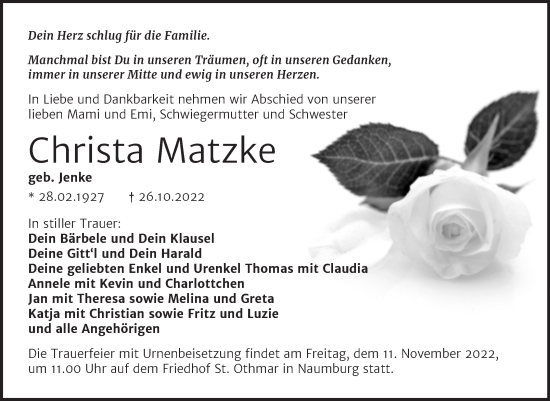 Traueranzeige von Christa Matzke von Wochenspiegel Naumburg/Nebra