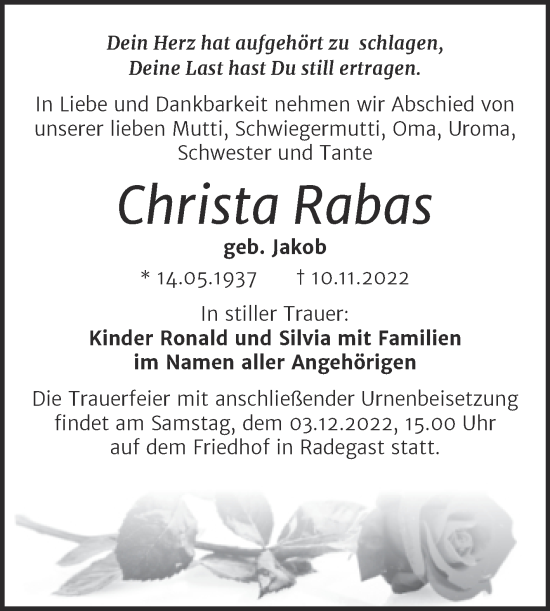 Traueranzeige von Christa Rabas von Trauerkombi Köthen