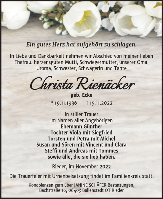 Traueranzeige von Christa Rienäcker von Trauerkombi Quedlinburg