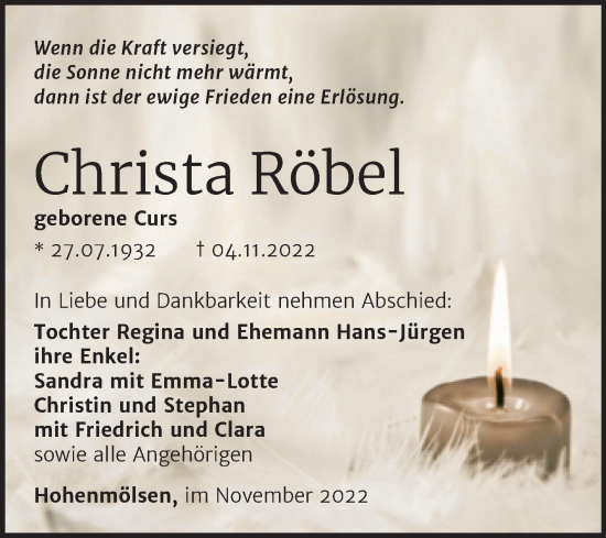 Traueranzeige von Christa Röbel von Trauerkombi Weißenfels