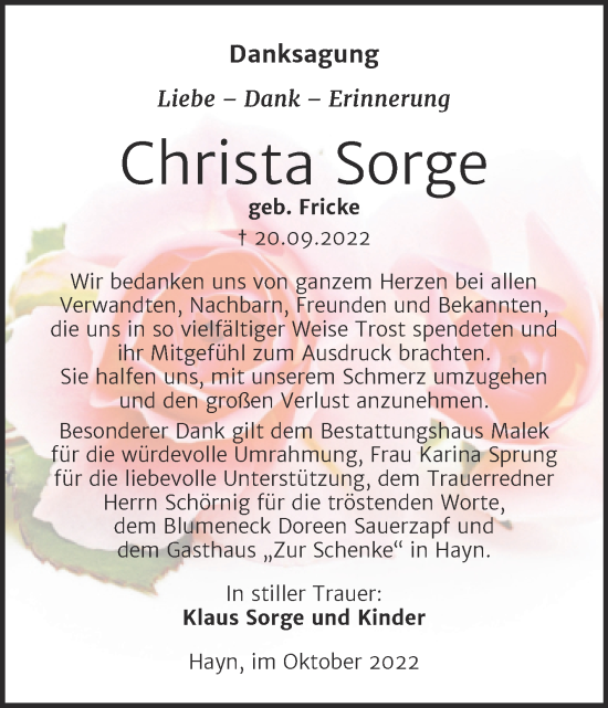 Traueranzeige von Christa Sorge von Trauerkombi Sangerhausen