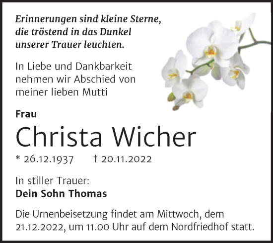 Traueranzeige von Christa Wicher von Mitteldeutsche Zeitung Halle/Saalkreis