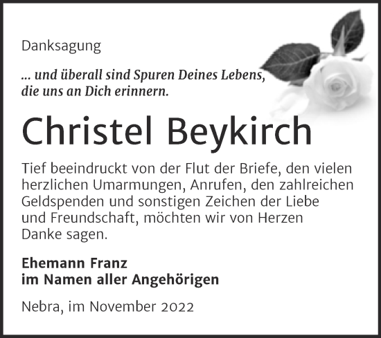 Traueranzeige von Christel Beykirch von Wochenspiegel Naumburg/Nebra