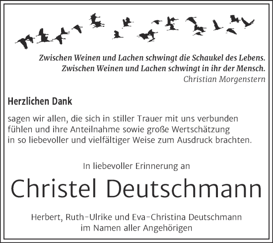Traueranzeige von Christel Deutschmann von Trauerkombi Weißenfels