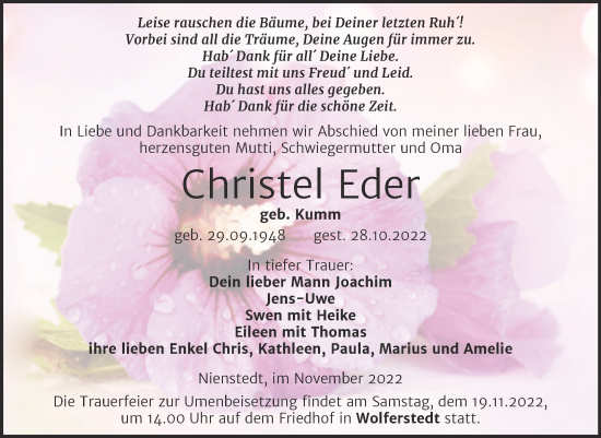 Traueranzeige von Christel Eder von Trauerkombi Sangerhausen
