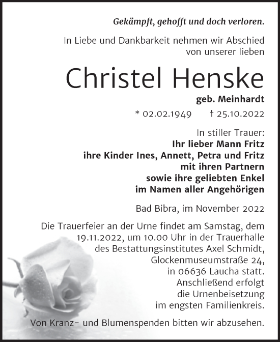 Traueranzeige von Christel Henske von Wochenspiegel Naumburg/Nebra