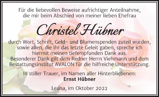 Traueranzeige von Christel Hübner von Trauerkombi Merseburg