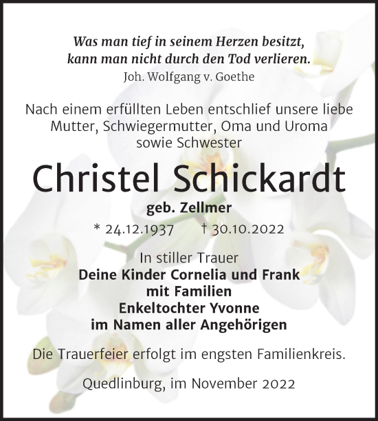 Traueranzeige von Christel Schickardt von Trauerkombi Quedlinburg