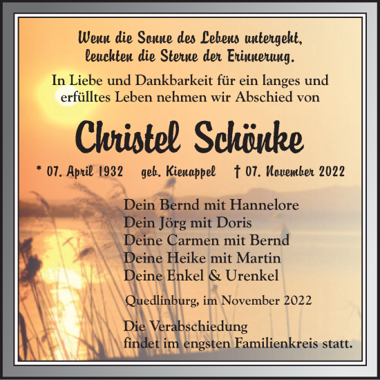 Traueranzeige von Christel Schönke von Trauerkombi Quedlinburg