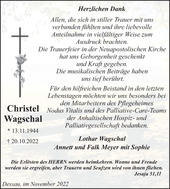 Traueranzeige von Christel Wagschal von Trauerkombi Dessau