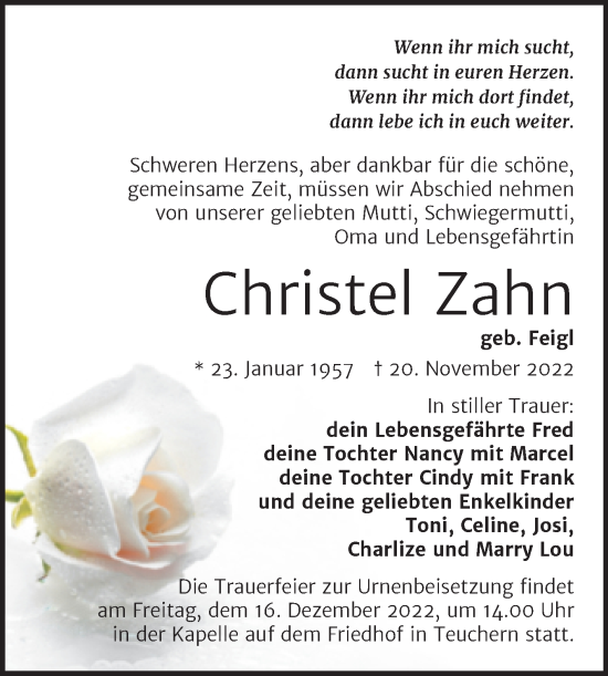 Traueranzeige von Christel Zahn von Trauerkombi Weißenfels