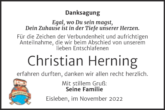 Traueranzeige von Christian Herning von Trauerkombi Mansfelder Land