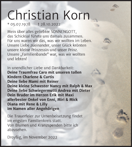 Traueranzeige von Christian Korn von Trauerkombi Zeitz