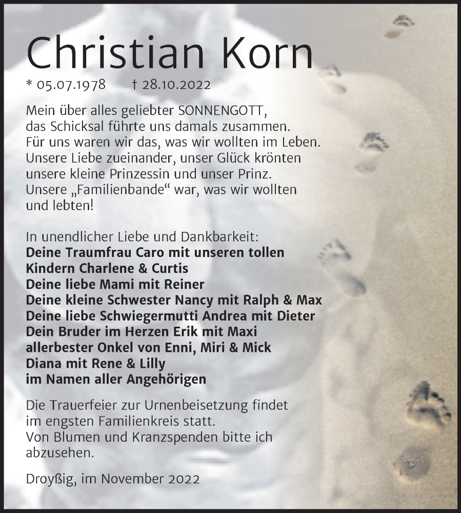  Traueranzeige für Christian Korn vom 12.11.2022 aus Trauerkombi Zeitz