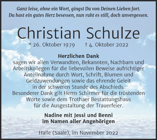 Traueranzeige von Christian Schulze von Mitteldeutsche Zeitung Halle/Saalkreis