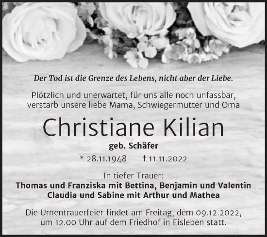 Traueranzeige von Christiane Kilian von Trauerkombi Mansfelder Land