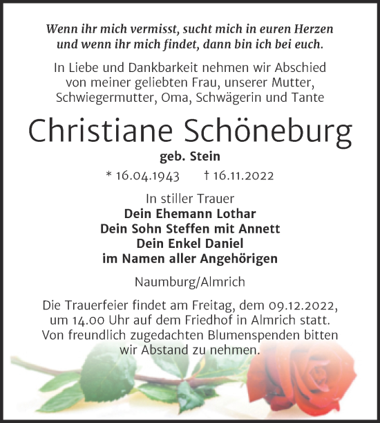 Traueranzeige von Christiane Schöneburg von Wochenspiegel Naumburg/Nebra