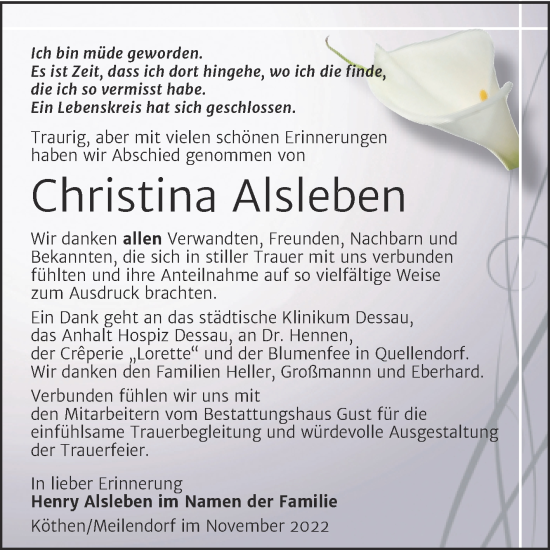 Traueranzeige von Christina Alsleben von Trauerkombi Köthen