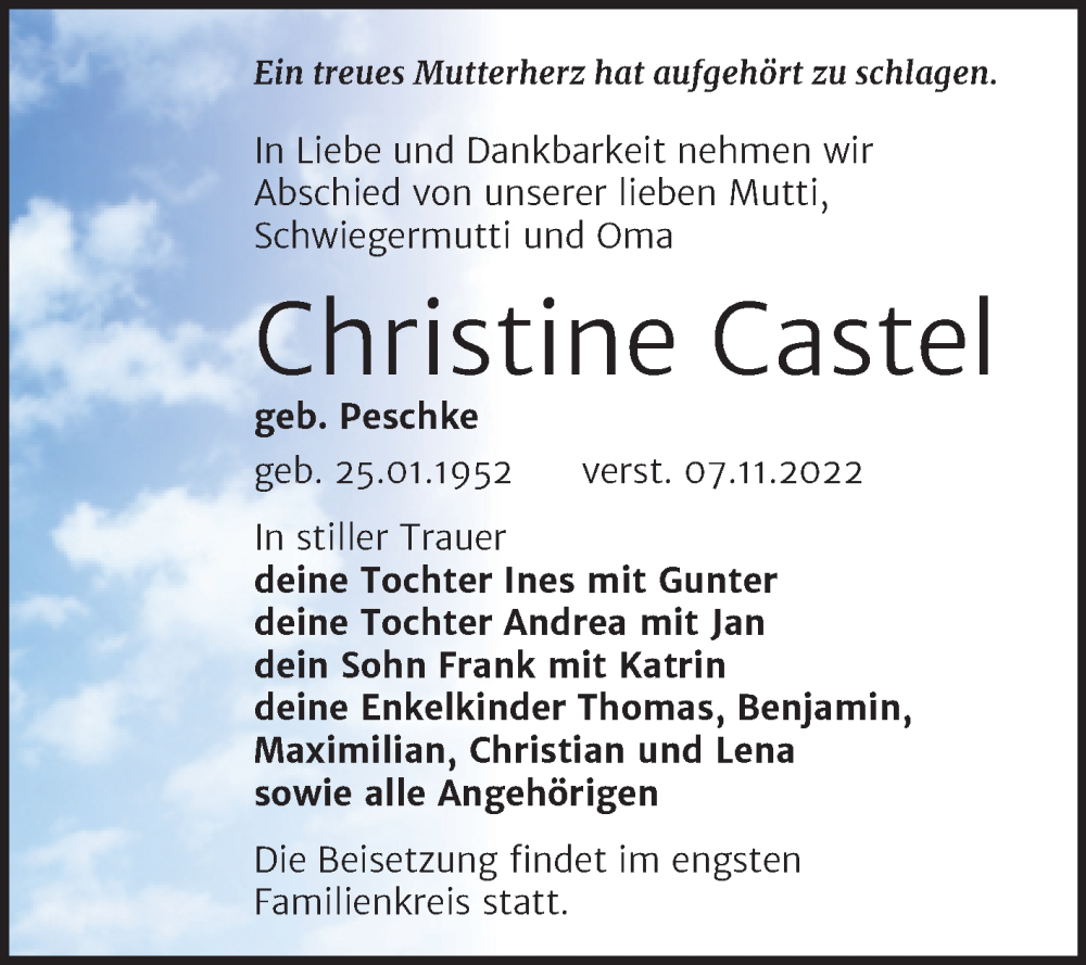  Traueranzeige für Christine Castel vom 19.11.2022 aus Trauerkombi Zeitz