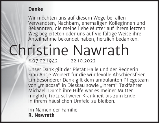 Traueranzeige von Christine Nawrath von Mitteldeutsche Zeitung Halle/Saalkreis