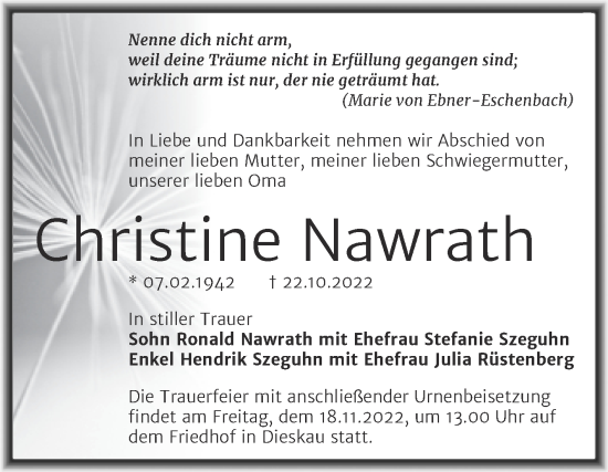 Traueranzeige von Christine Nawrath von Mitteldeutsche Zeitung Halle/Saalkreis