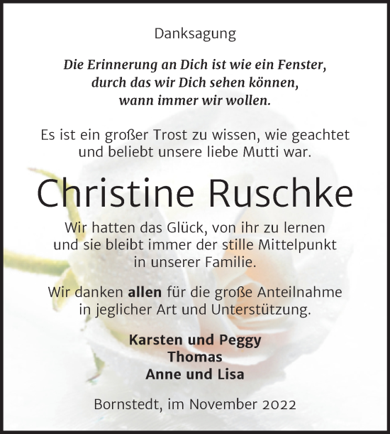 Traueranzeige von Christine Ruschke von Trauerkombi Mansfelder Land