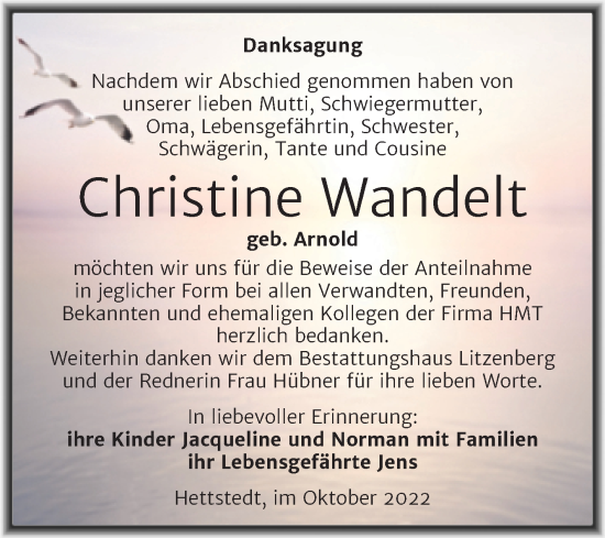 Traueranzeige von Christine Wandelt von Trauerkombi Mansfelder Land