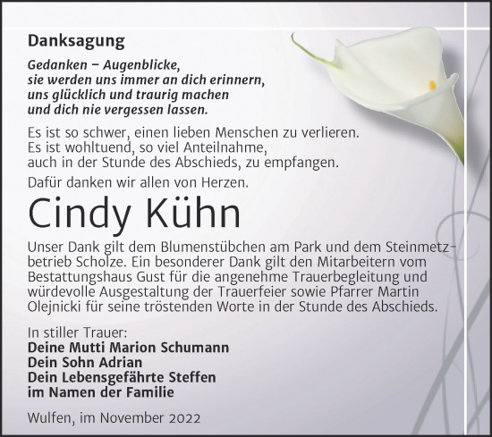 Traueranzeige von Cindy Kühn von Trauerkombi Köthen