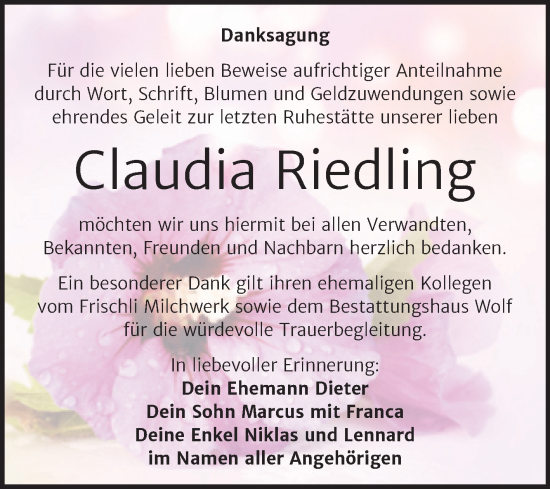 Traueranzeige von Claudia Riedling von Trauerkombi Weißenfels