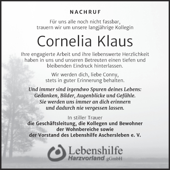 Traueranzeige von Cornelia Klaus von Super Sonntag Aschersleben