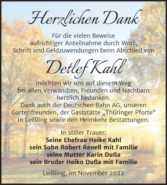 Traueranzeige von Detlef Kahl von Trauerkombi Weißenfels