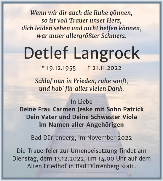 Traueranzeige von Detlef Langrock von Trauerkombi Merseburg