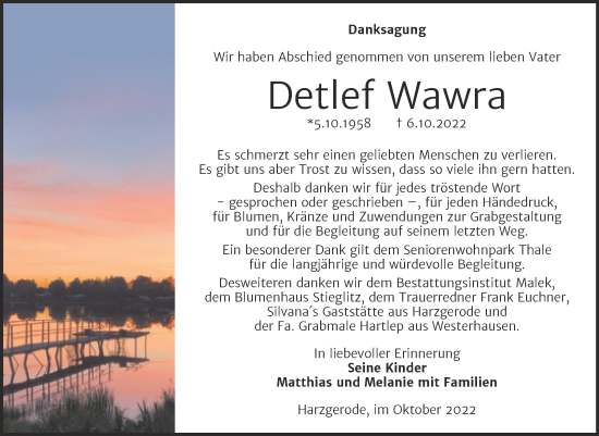 Traueranzeige von Detlef Wawra von Trauerkombi Quedlinburg