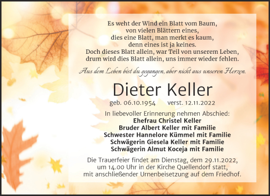 Traueranzeige von Dieter Keller von Trauerkombi Köthen