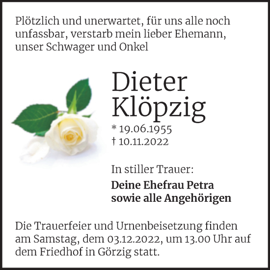 Traueranzeige von Dieter Klöpzig von Trauerkombi Köthen