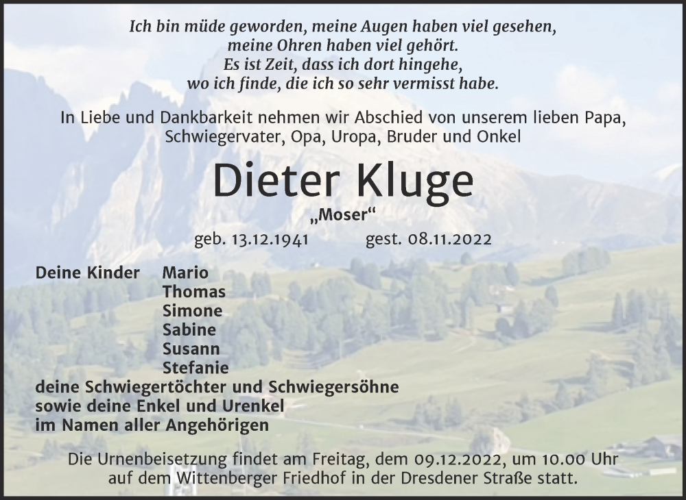  Traueranzeige für Dieter Kluge vom 19.11.2022 aus Trauerkombi Wittenberg