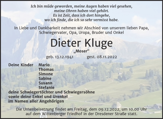 Traueranzeige von Dieter Kluge von Trauerkombi Wittenberg