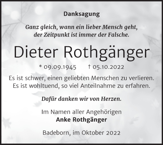 Traueranzeige von Dieter Rothgänger von Trauerkombi Quedlinburg