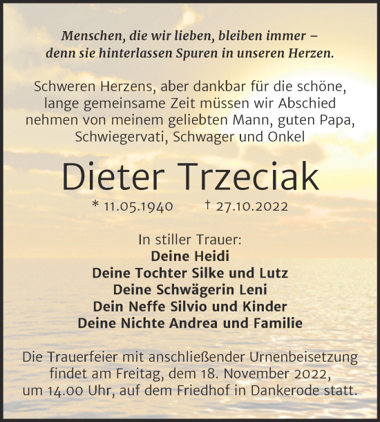 Traueranzeige von Dieter Trzeciak von Trauerkombi Quedlinburg