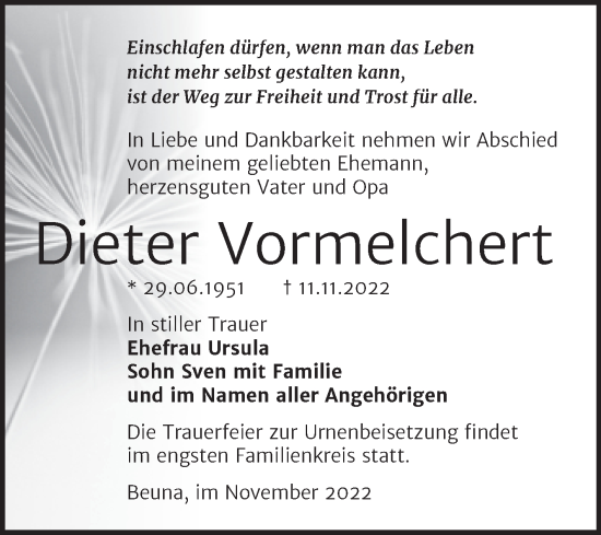 Traueranzeige von Dieter Vormelchert von Trauerkombi Merseburg