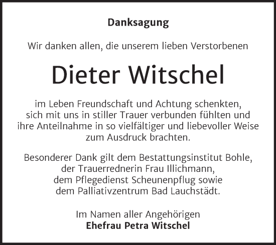Traueranzeige von Dieter Witschel von Trauerkombi Merseburg