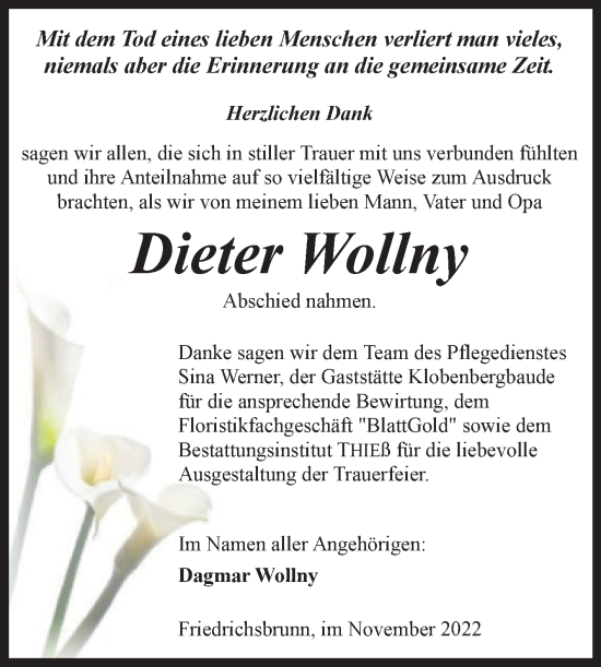 Traueranzeige von Dieter Wollny von Trauerkombi Quedlinburg