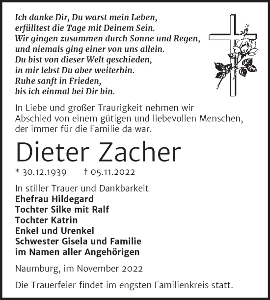 Traueranzeige von Dieter Zacher von Wochenspiegel Naumburg/Nebra