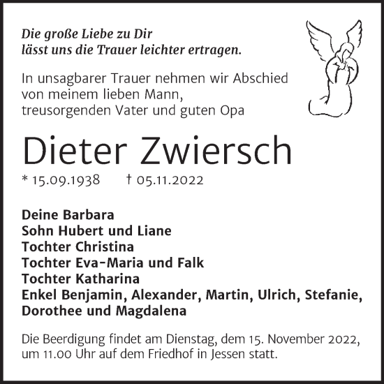 Traueranzeige von Dieter Zwiersch von Trauerkombi Wittenberg