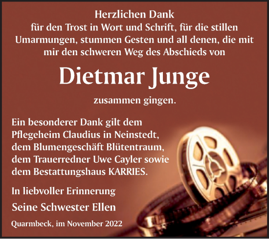Traueranzeige von Dietmar Junge von Trauerkombi Quedlinburg