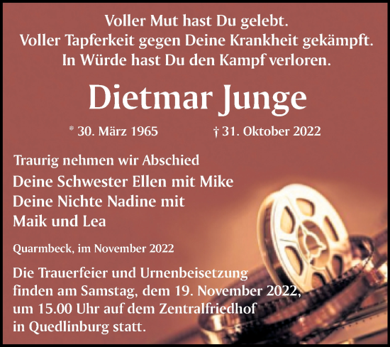 Traueranzeige von Dietmar Junge von Trauerkombi Quedlinburg