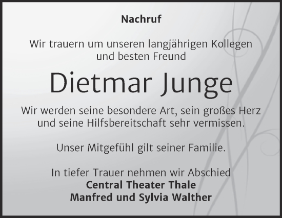 Traueranzeige von Dietmar Junge von Super Sonntag Quedlingburg
