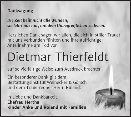 Traueranzeige von Dietmar Thierfeldt von Trauerkombi Bernburg