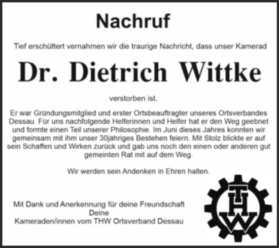Traueranzeige von Dietrich Wittke von Mitteldeutsche Zeitung Dessau-Roßlau